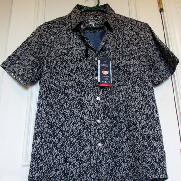 Stone Rose men's size M short sleeve button down Knit Shirt, navy - Picture 1 of 7